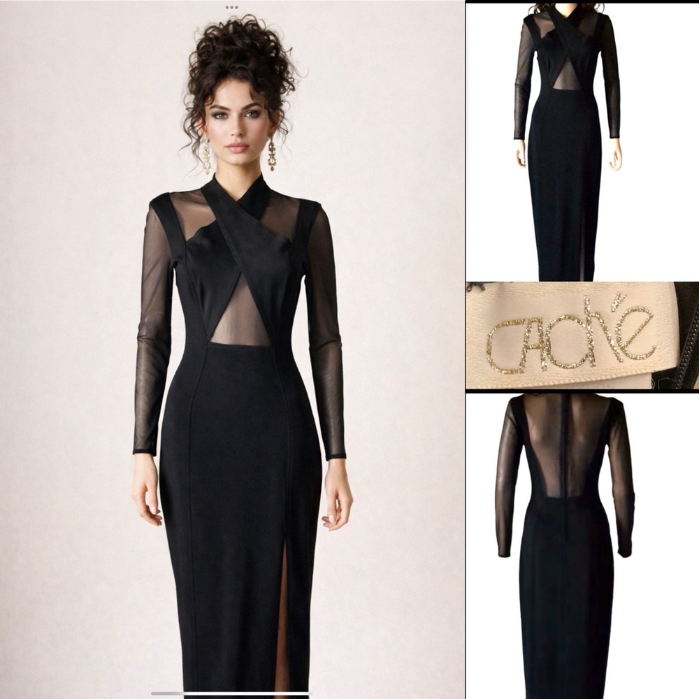 CACHE'  90S VINTAGE FORMAL GOWN WITH SEE THROUGH MESH PANELS AND SLEEVES SIZE XS